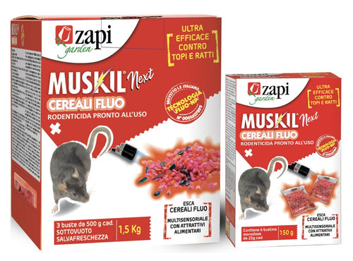 Esca rodenticida in cereali per topi e ratti Zapi Muskil Next Cereali Fluo 1,5 kg (3 buste)