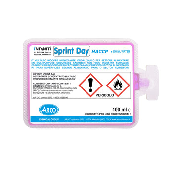 Detergente igienizzante sgrassante in monodose superconcentrata Arco Chimica Infyniti Sprint Day confezione 60 monodosi da 100 ml
