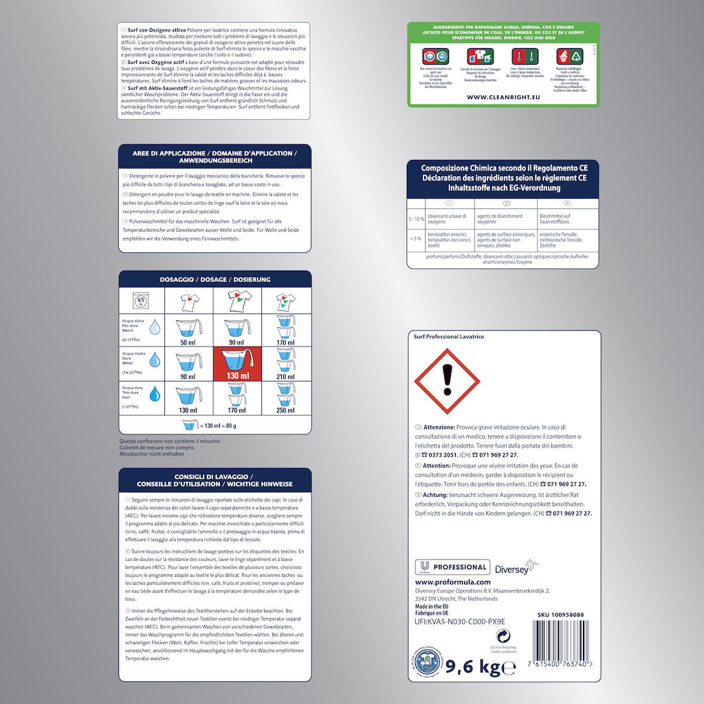 Detersivo in polvere Diversey Surf Polvere Lavatrice 9,6 kg