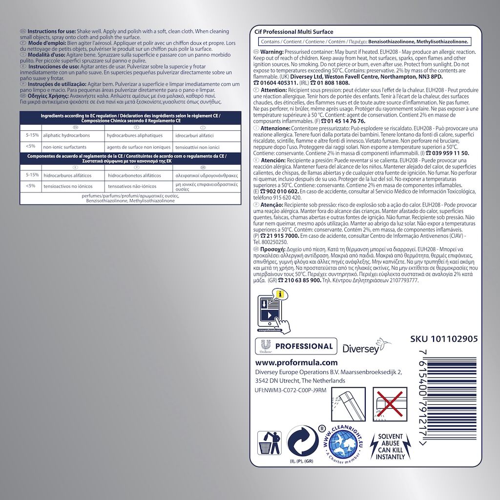 Detergente spray antistatico e anti polvere Cif Multisurface 6X400 ml