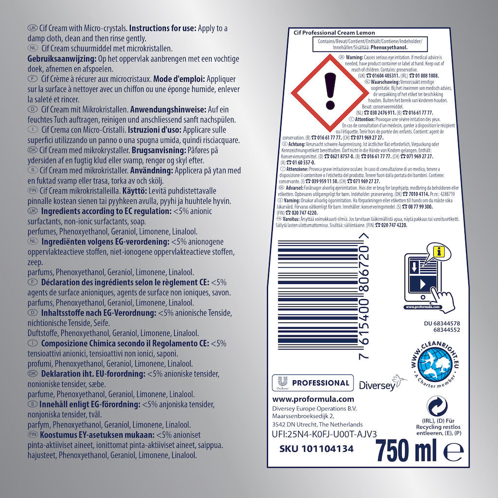 Detergente liquido cremoso per bagno e cucina Cif Crema Limone 750 ml