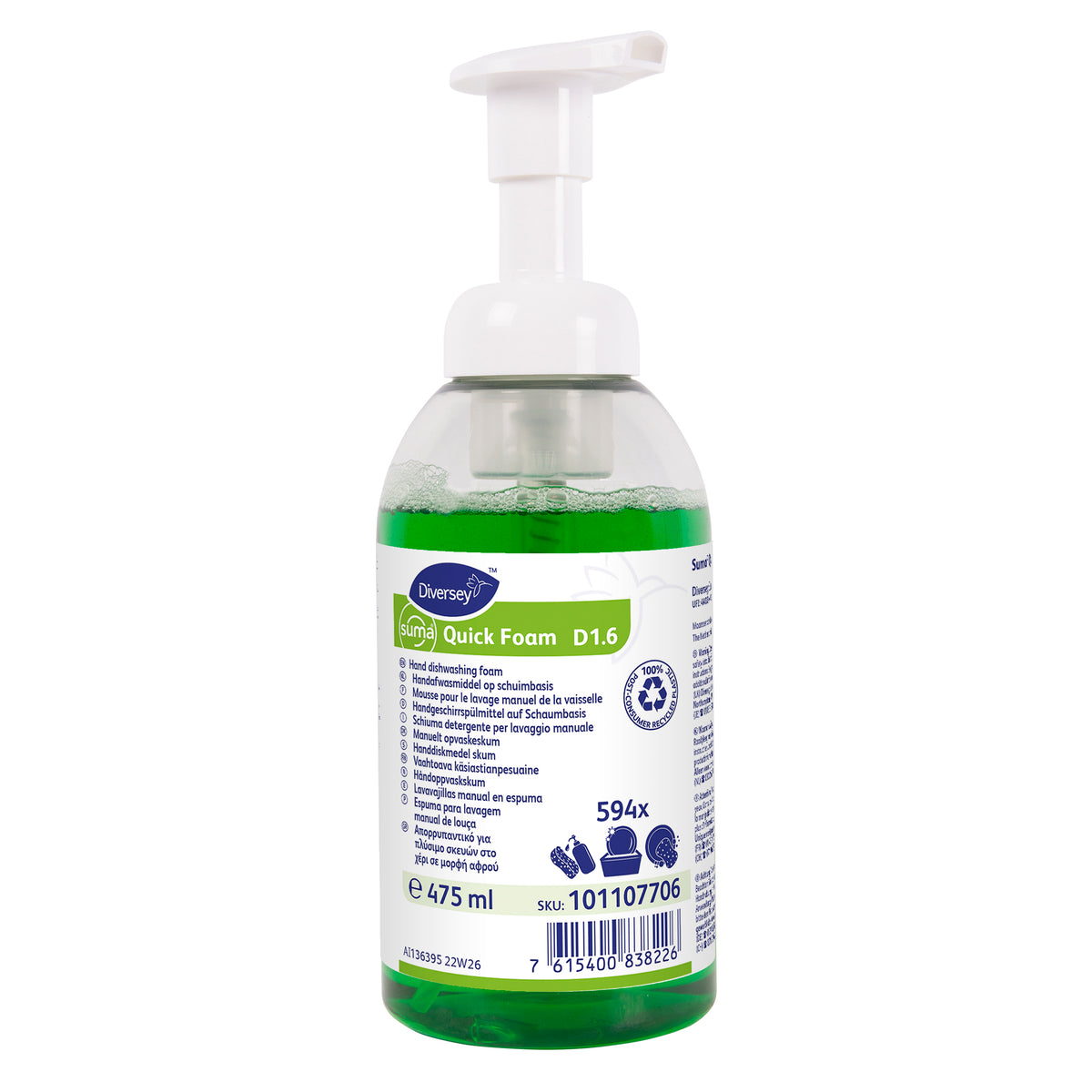 Detergente per lavaggio manuale stoviglie Diversey Suma Quick Foam D1.6 6x475 ml