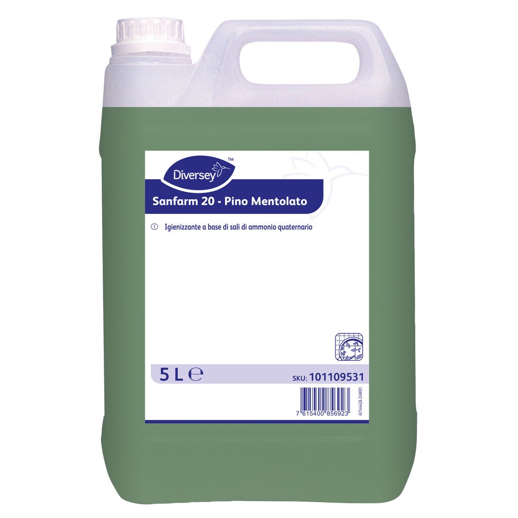 Igienizzante ai sali quaternari Diversey Sanfarm 20 Pino Mentolato 2x5 litri DISPONIBILE IN 7 GIORNI LAVORATIVI