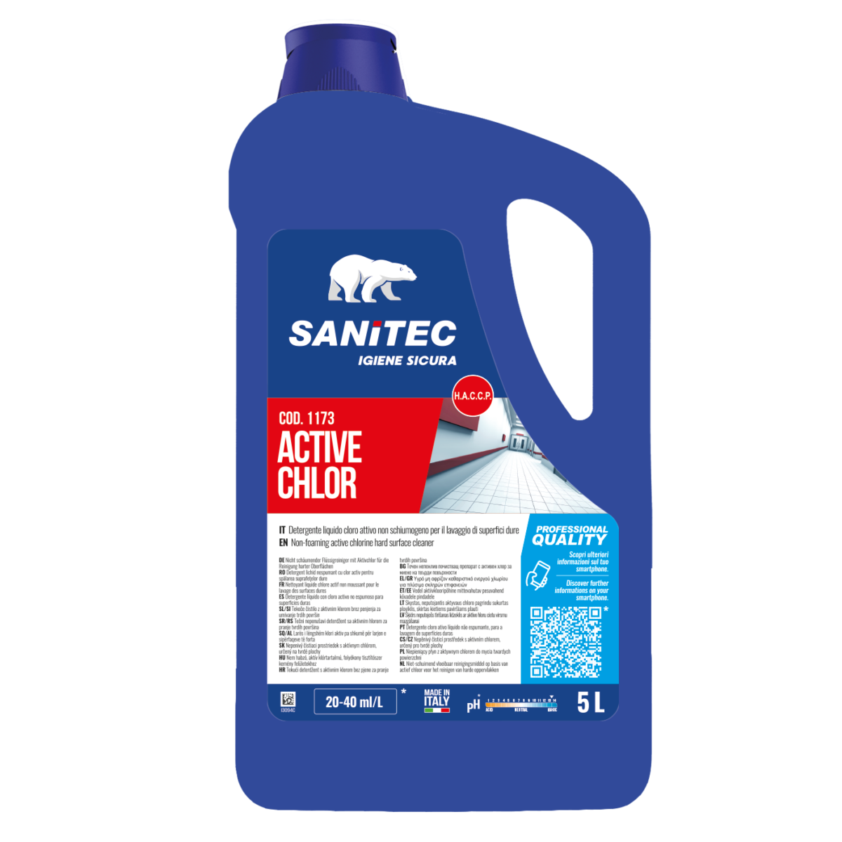 Detergente clorinato per superfici dure Sanitec Active Chlor 5 litri