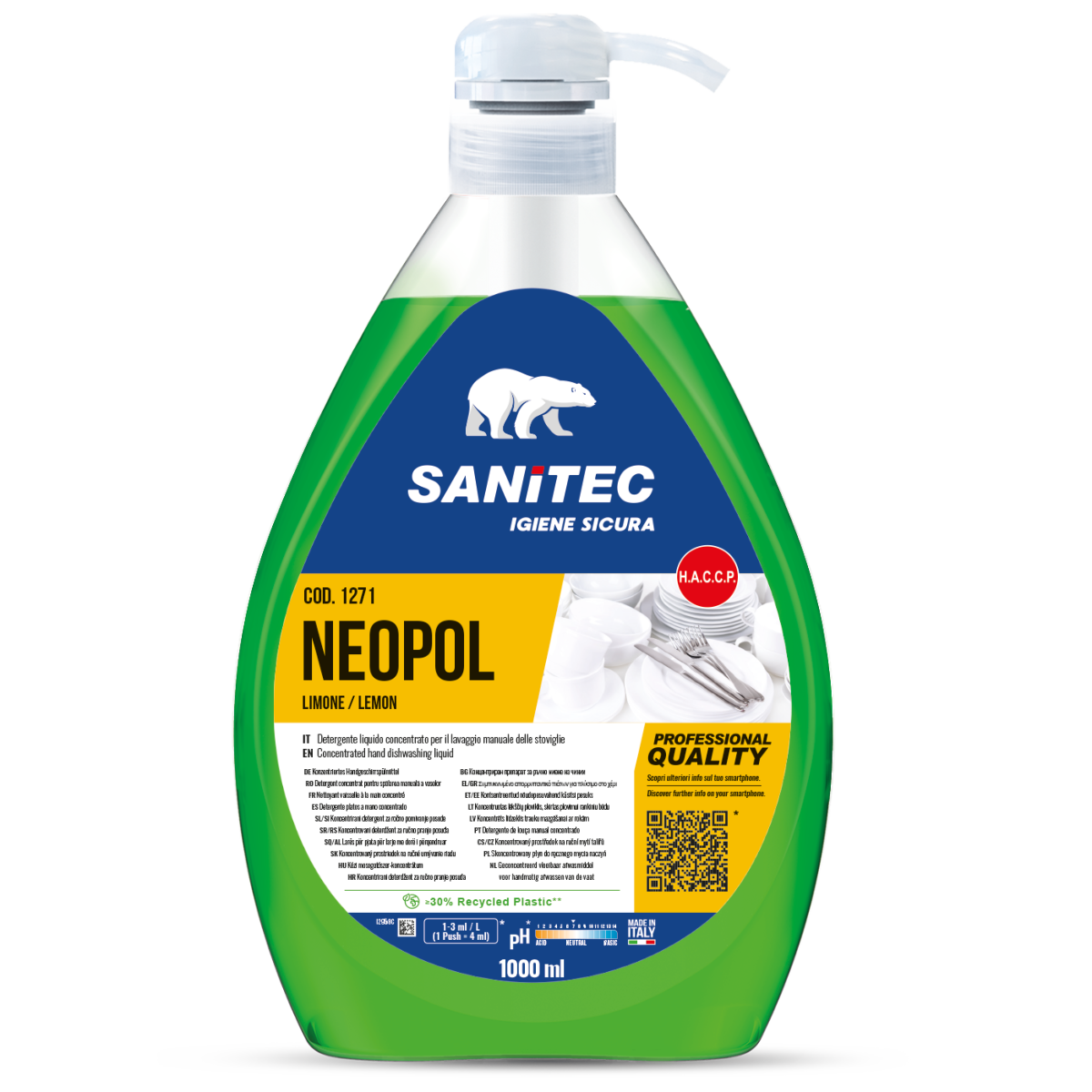 Detergente concentrato per lavaggio manuale stoviglie Sanitec Neopol Limone 1 litro