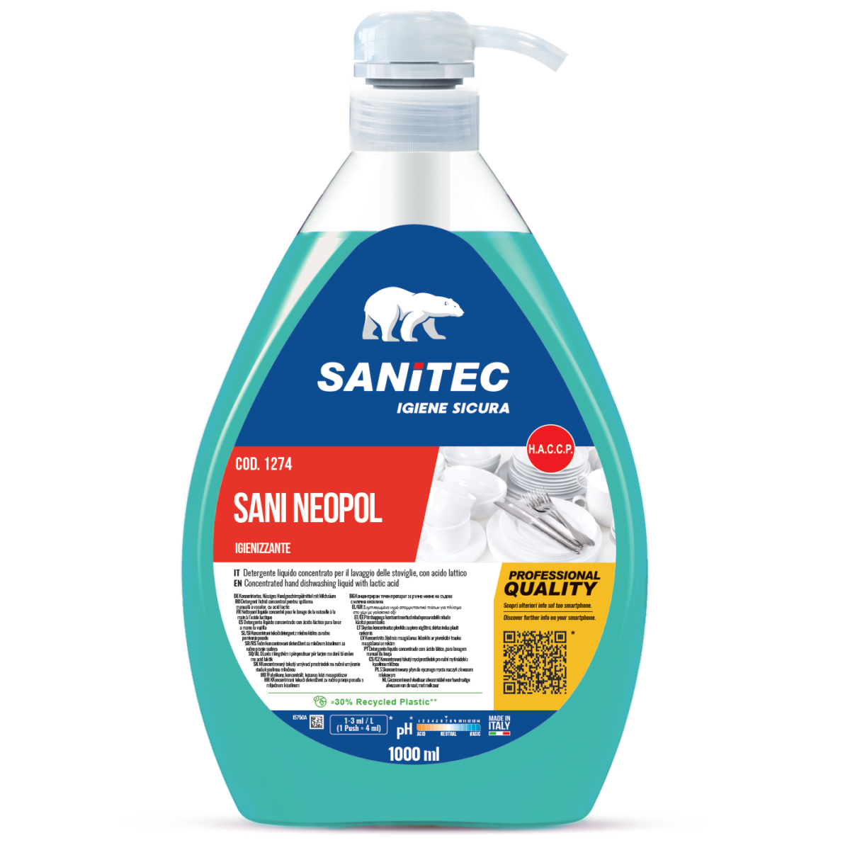 Detergente igienizzante per lavaggio manuale stoviglie Sanitec Sani Neopol 1 litro