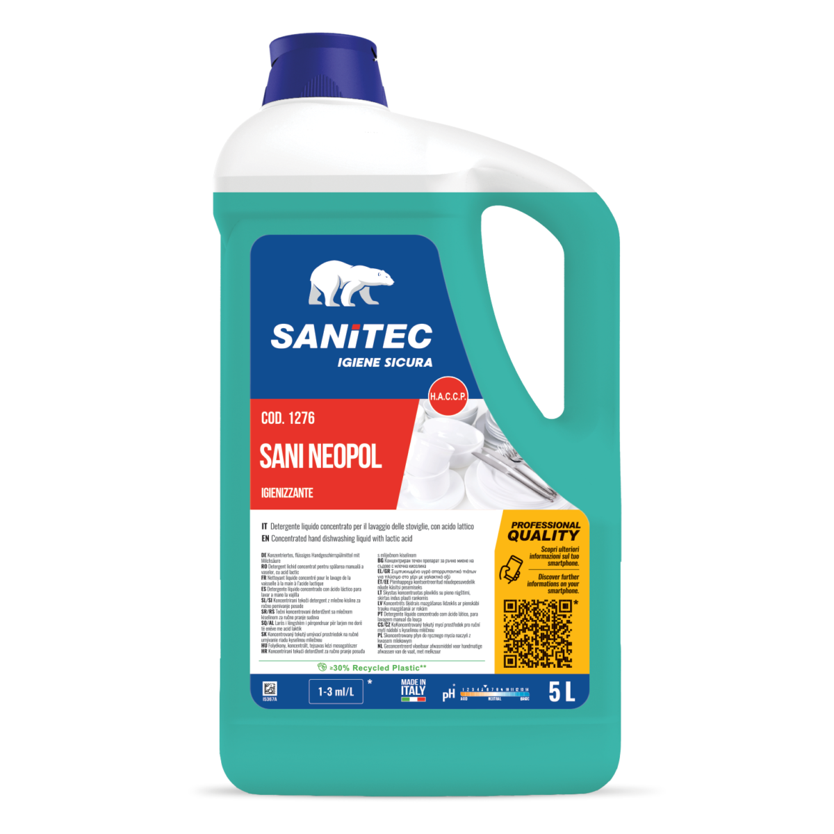 Detergente igienizzante per lavaggio manuale stoviglie Sanitec Sani Neopol 2x5 litri