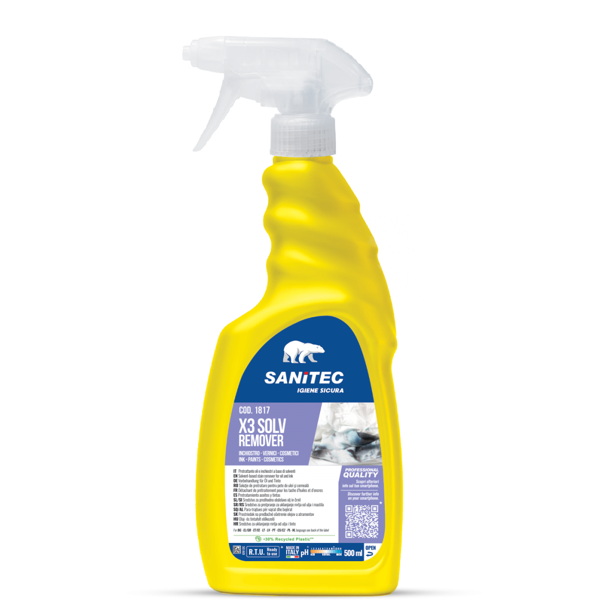 Pretrattante solvente per macchie di olio e inchiostro Sanitec X3 Solv Remover 500 ml
