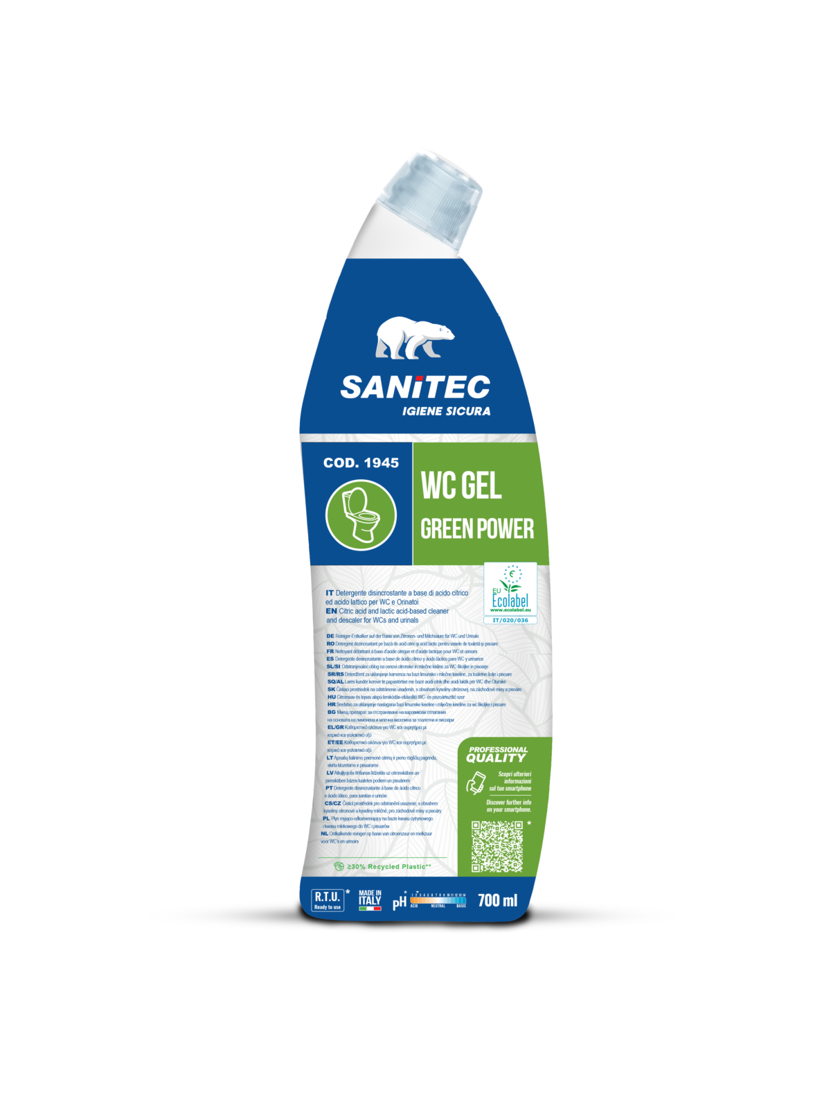 Detergente Ecolabel per WC e orinatoi Sanitec WC Gel Green Power 8x700 ml