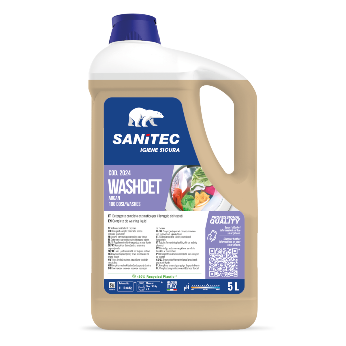 Detergente enzimatico per bucato Sanitec Washdet Argan 5 litri