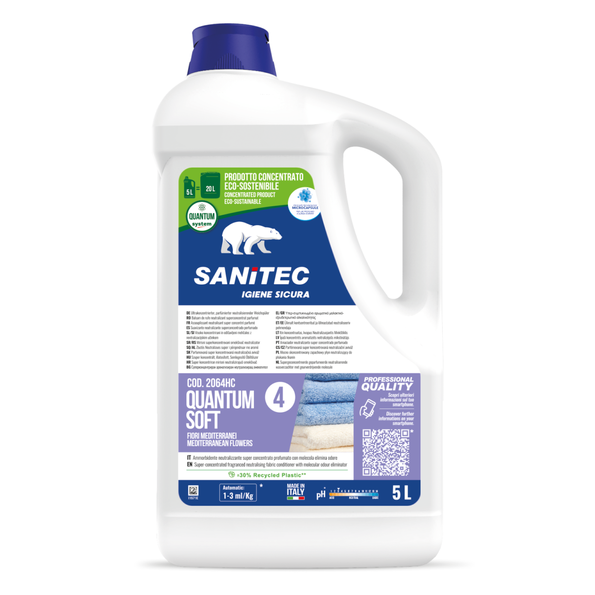 Ammorbidente concentrato per lavanderia Sanitec Quantum Soft Fiori Mediterranei 5 litri