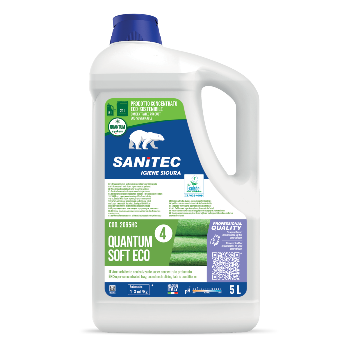 Ammorbidente concentrato per lavanderia Sanitec Quantum Soft Eco 5 litri