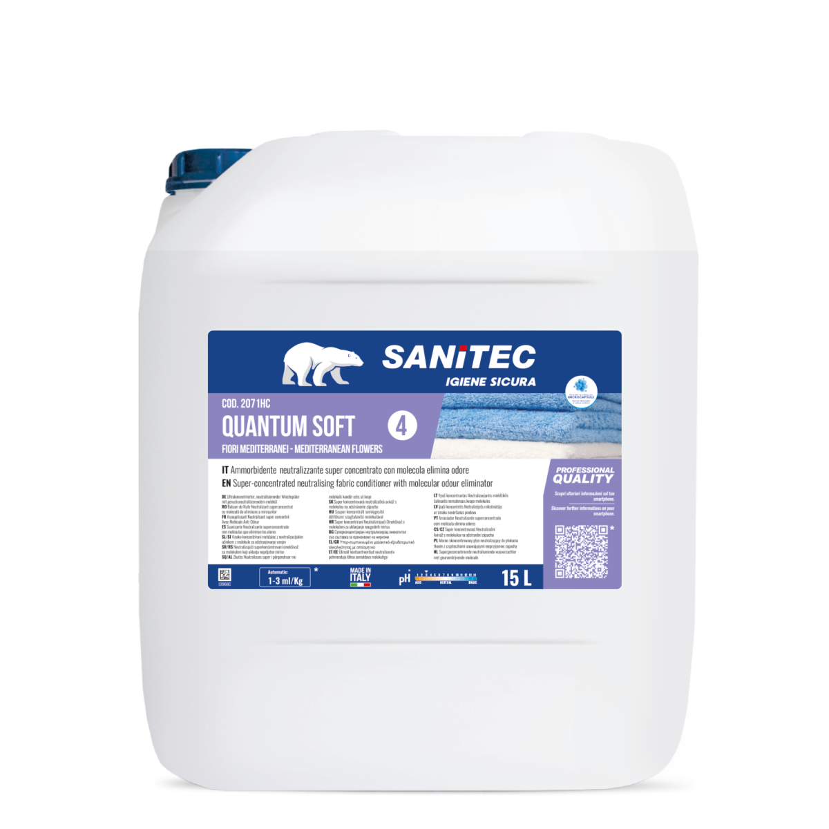 Ammorbidente concentrato per lavanderia Sanitec Quantum Soft Fiori Mediterranei 15 litri