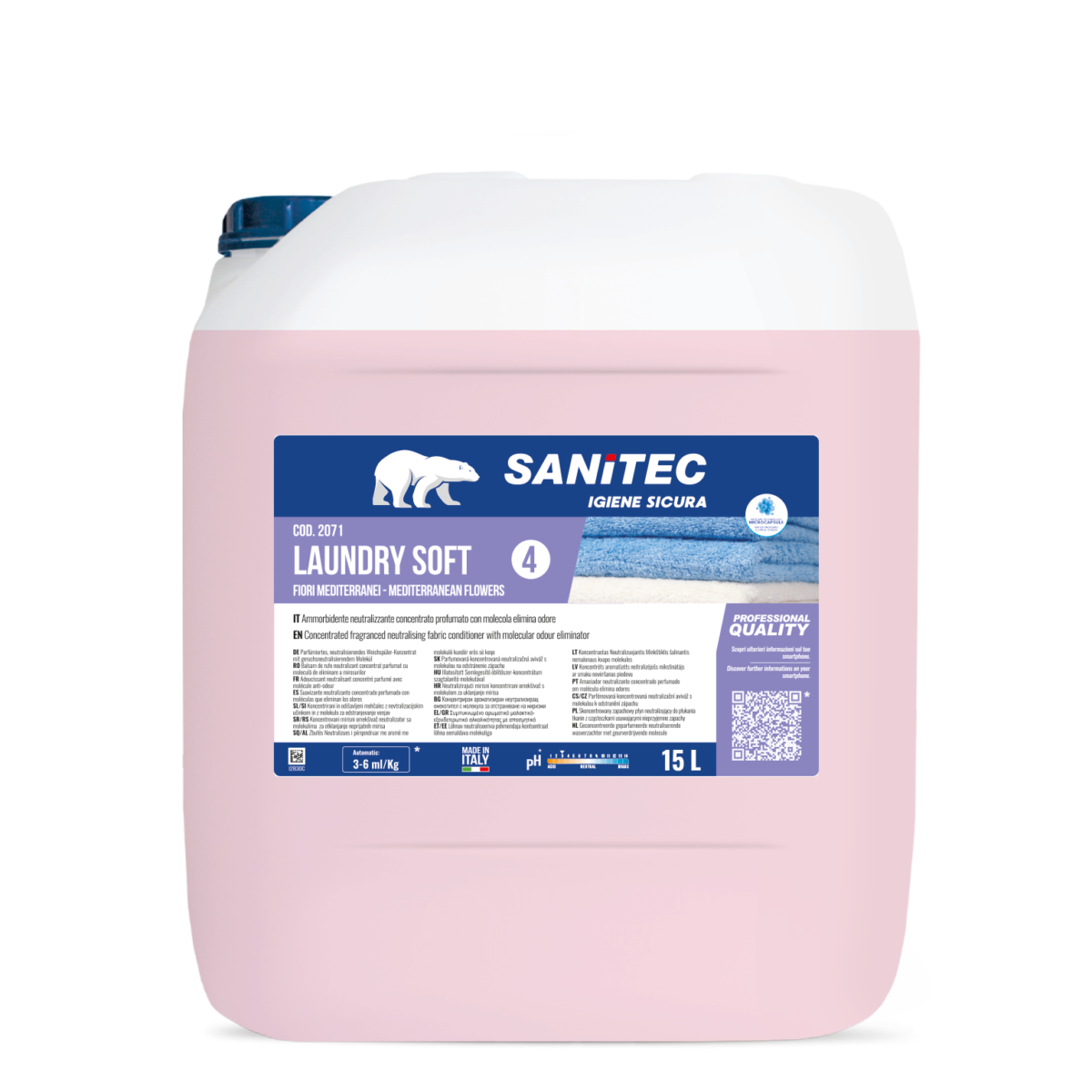 Ammorbidente per lavanderia Sanitec Laundry Soft Fiori Mediterranei 15 litri