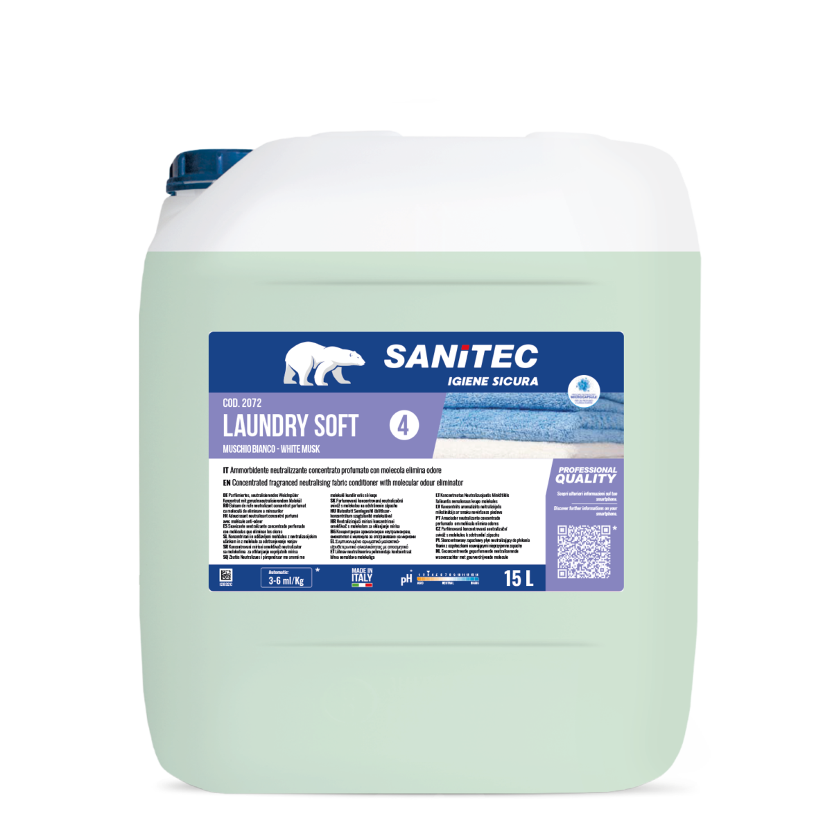 Ammorbidente per lavanderia Sanitec Laundry Soft Muschio Bianco 15 litri