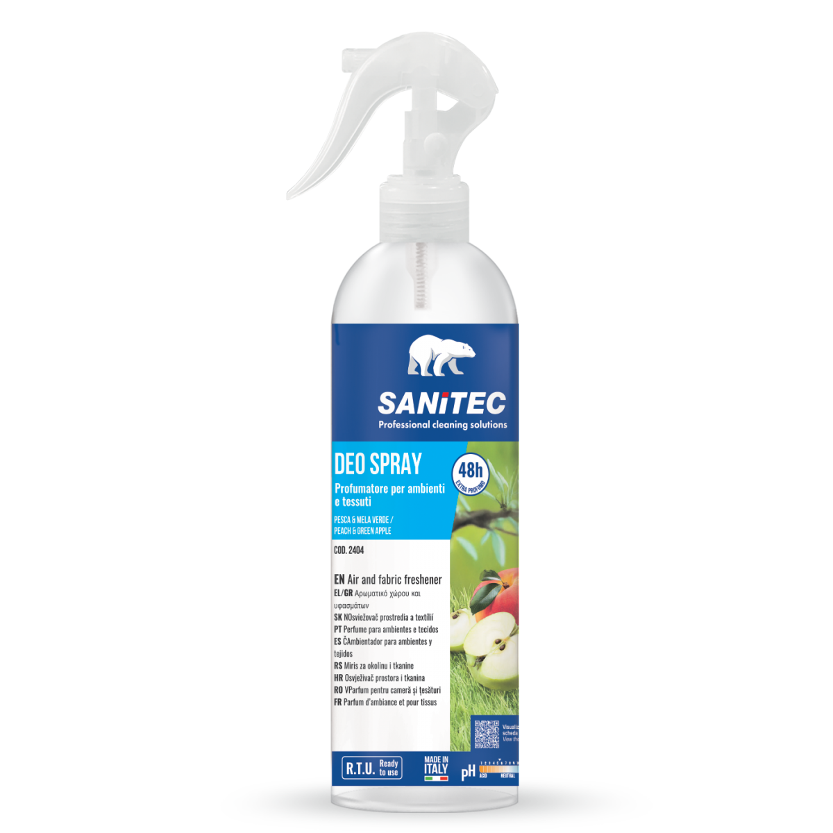 Profumatore spray per ambienti e tessuti Sanitec Deo Spray Pesca & Mela Verde 12x300 ml