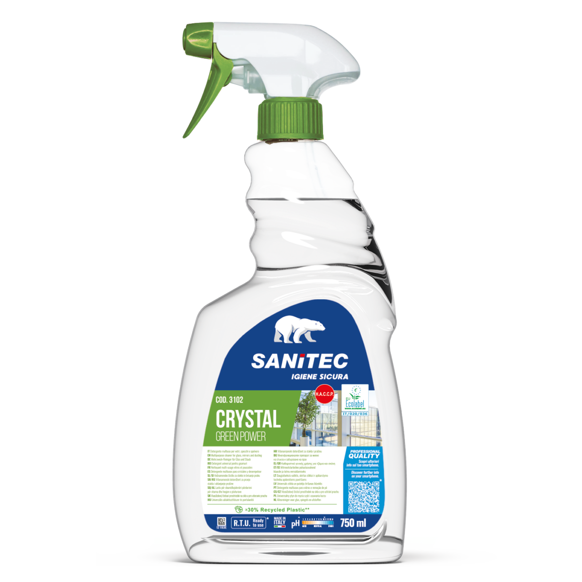 Detergente Ecolabel per vetri e specchi Sanitec Crystal Green Power 750 ml