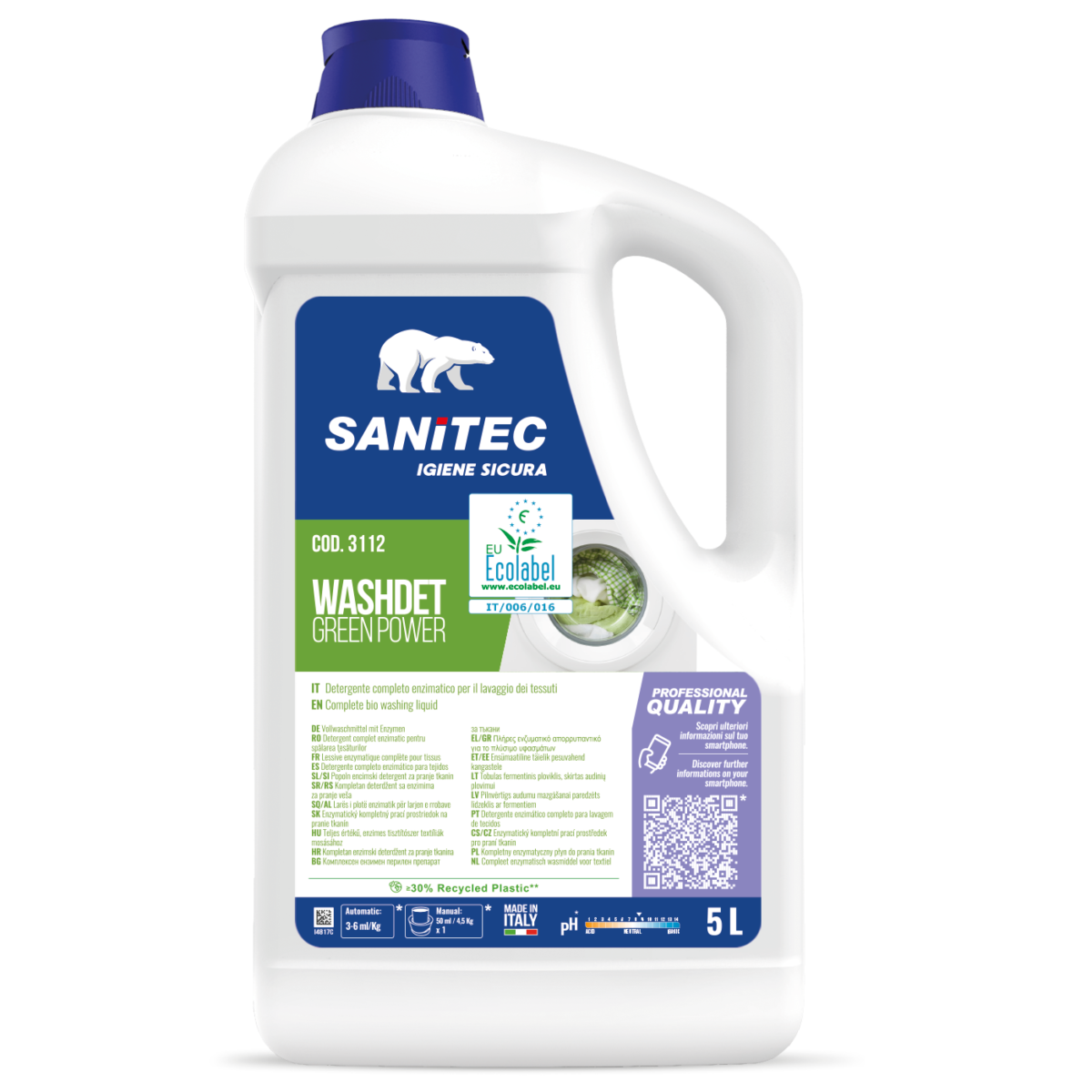 Detergente Ecolabel per bucato Sanitec Washdet Green Power 5 litri