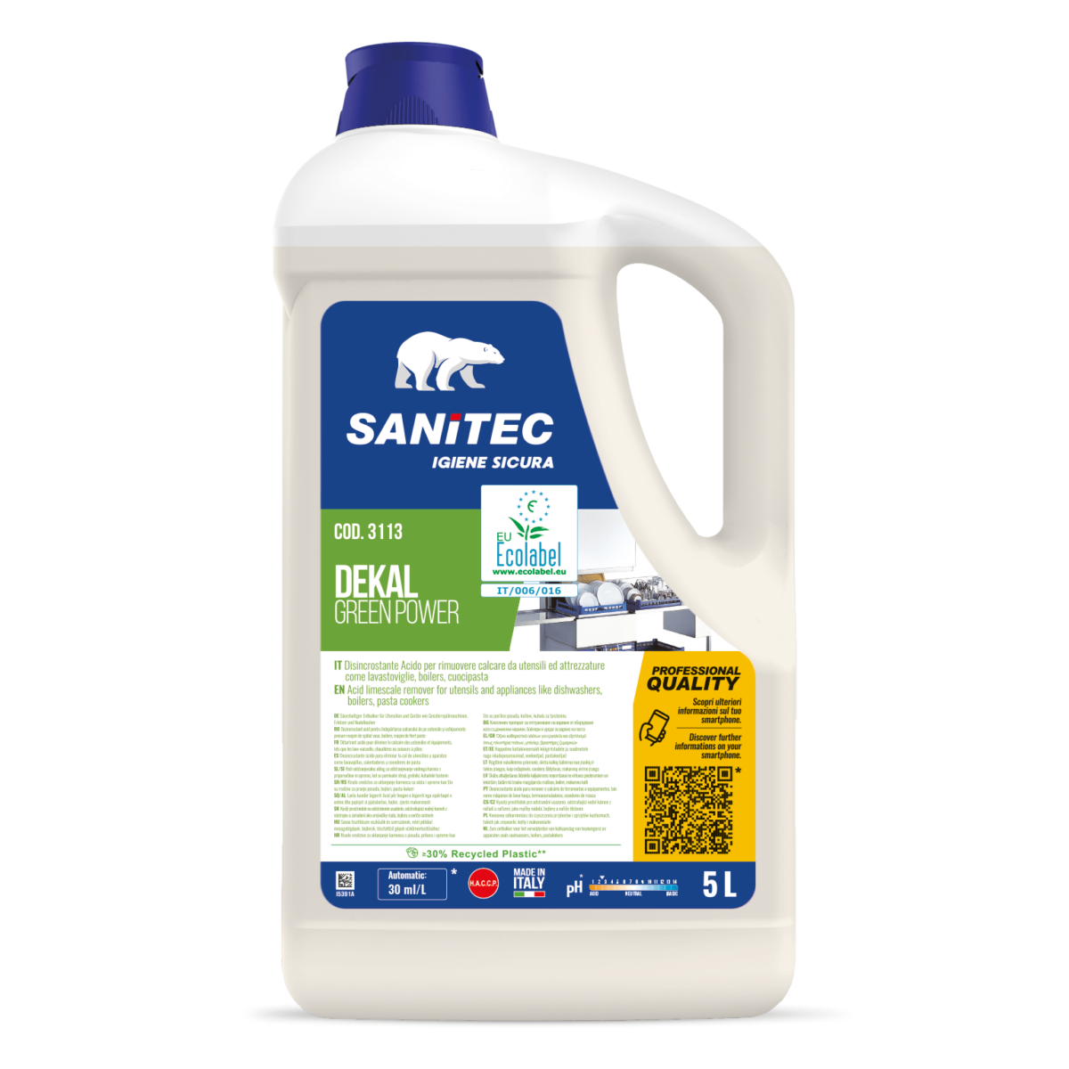 Disincrostante Ecolabel per lavastoviglie e attrezzature Sanitec Dekal Green Power 5 litri