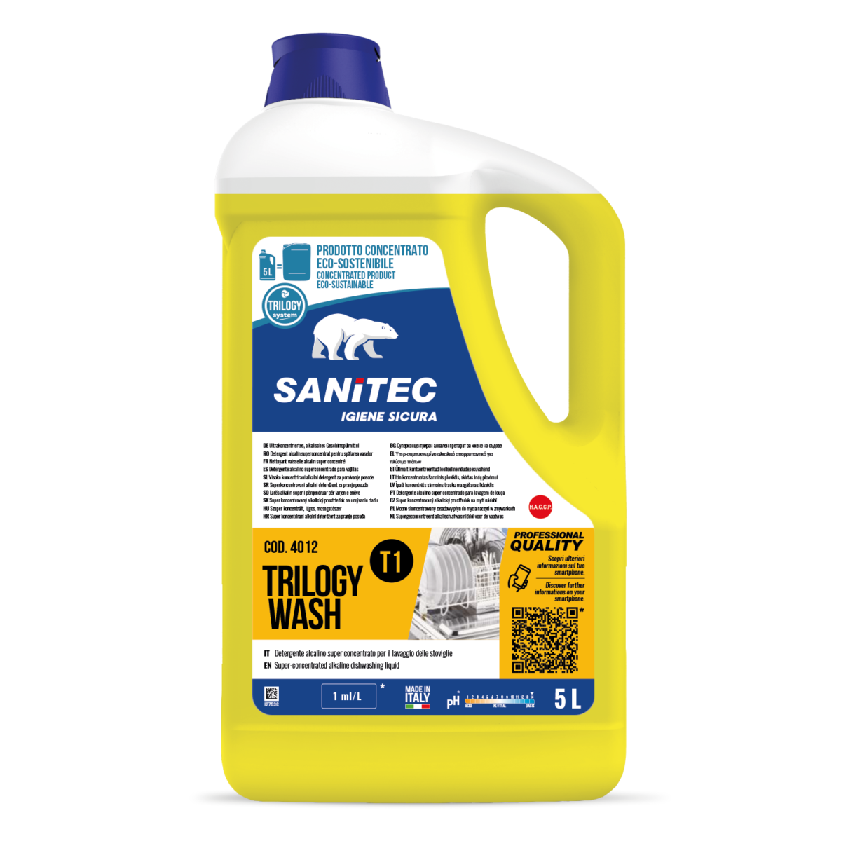 Detergente alcalino concentrato per lavastoviglie Sanitec Trilogy Wash T1 2x5 litri