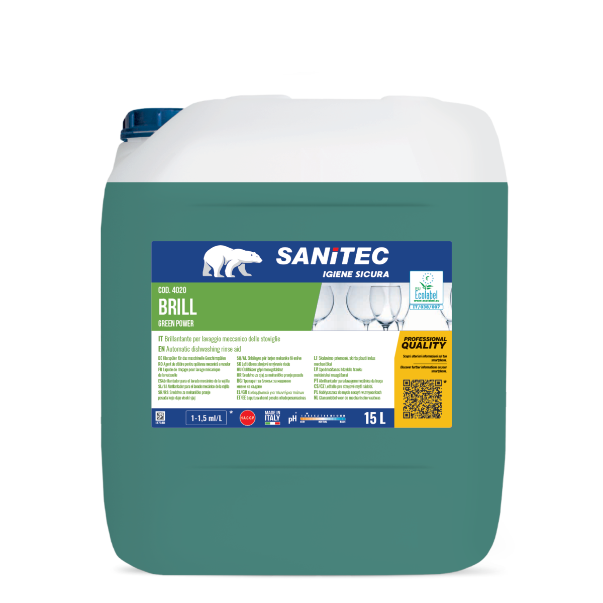 Brillantante Ecolabel per lavaggio stoviglie Sanitec Brill Green Power 15 lt