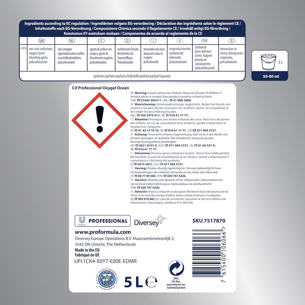 Detergente gel con ossigeno attivo per pulizia pavimenti Cif Oxy Gel 5 lt