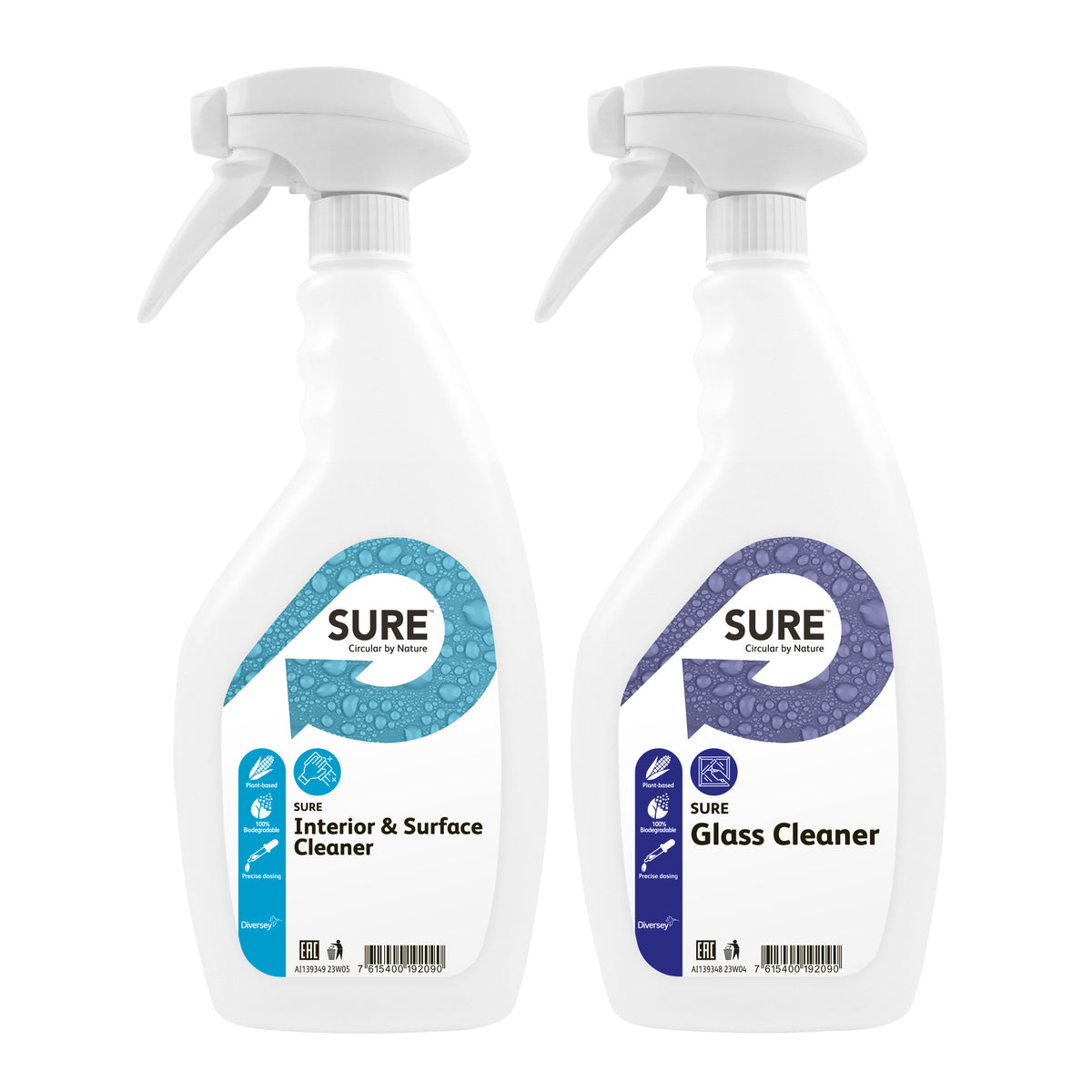 Kit flaconi vuoti 750 ml con etichette Diversey Flaconi con spruzzatore per SURE Glass & Surface Cleaner 1 pezzo