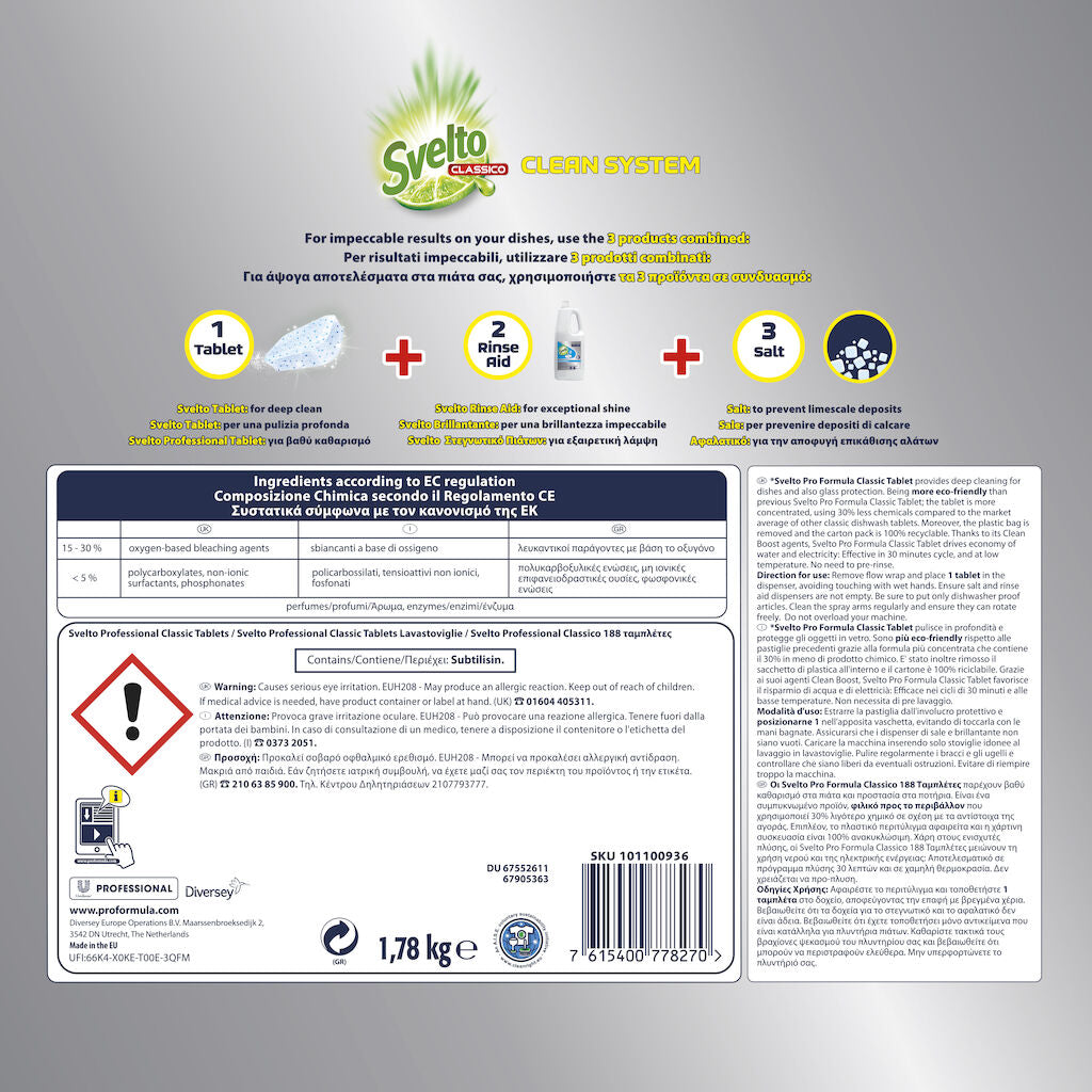 Detergente per lavastoviglie in pastiglie Svelto Classic Tablets 188pz