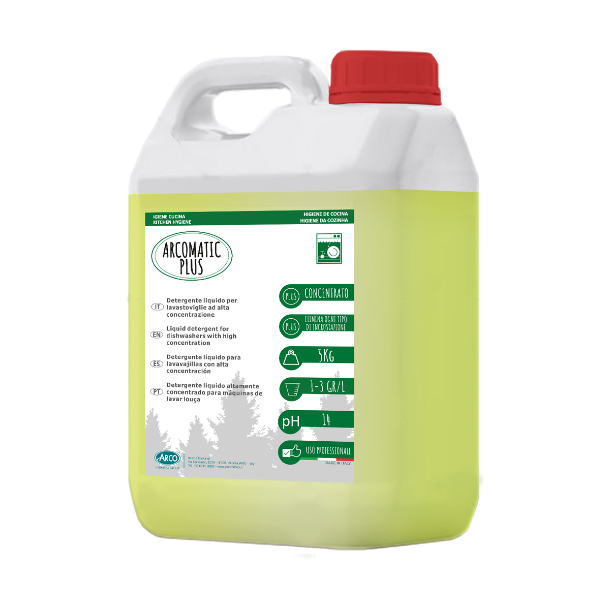 Detergente liquido ad alta concentrazione per lavastoviglie Arco Chimica Arco Matic Plus 4x5 kg