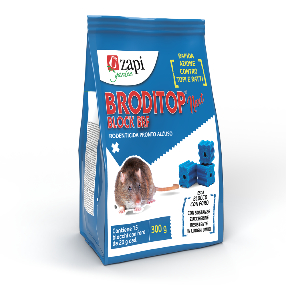 Esca rodenticida derattizzante per topi e ratti Zapi Broditop Next Block 300 gr