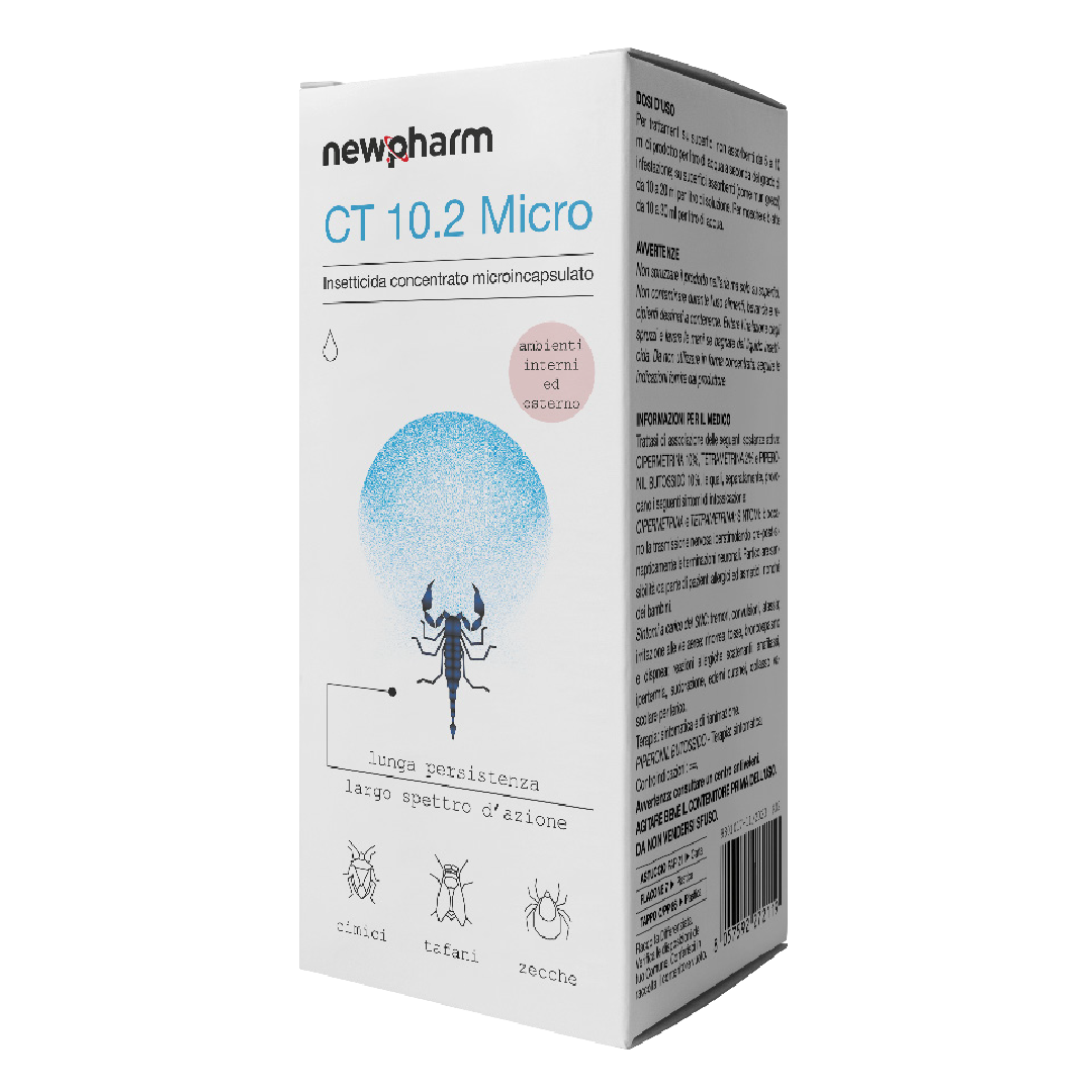 Insetticida concentrato microincapsulato per blatte, formiche, pulci e zecche Newpharm CT 10.2 Micro 250 ml
