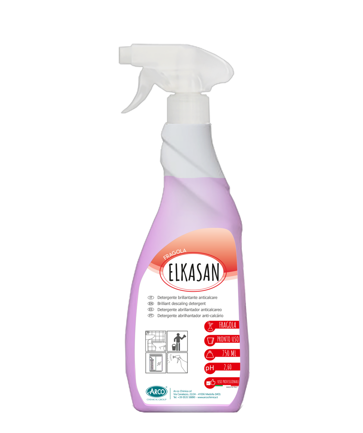 Detergente brillantante igienizzante per bagno Arco Chimica Elkasan Fragola 750 ml