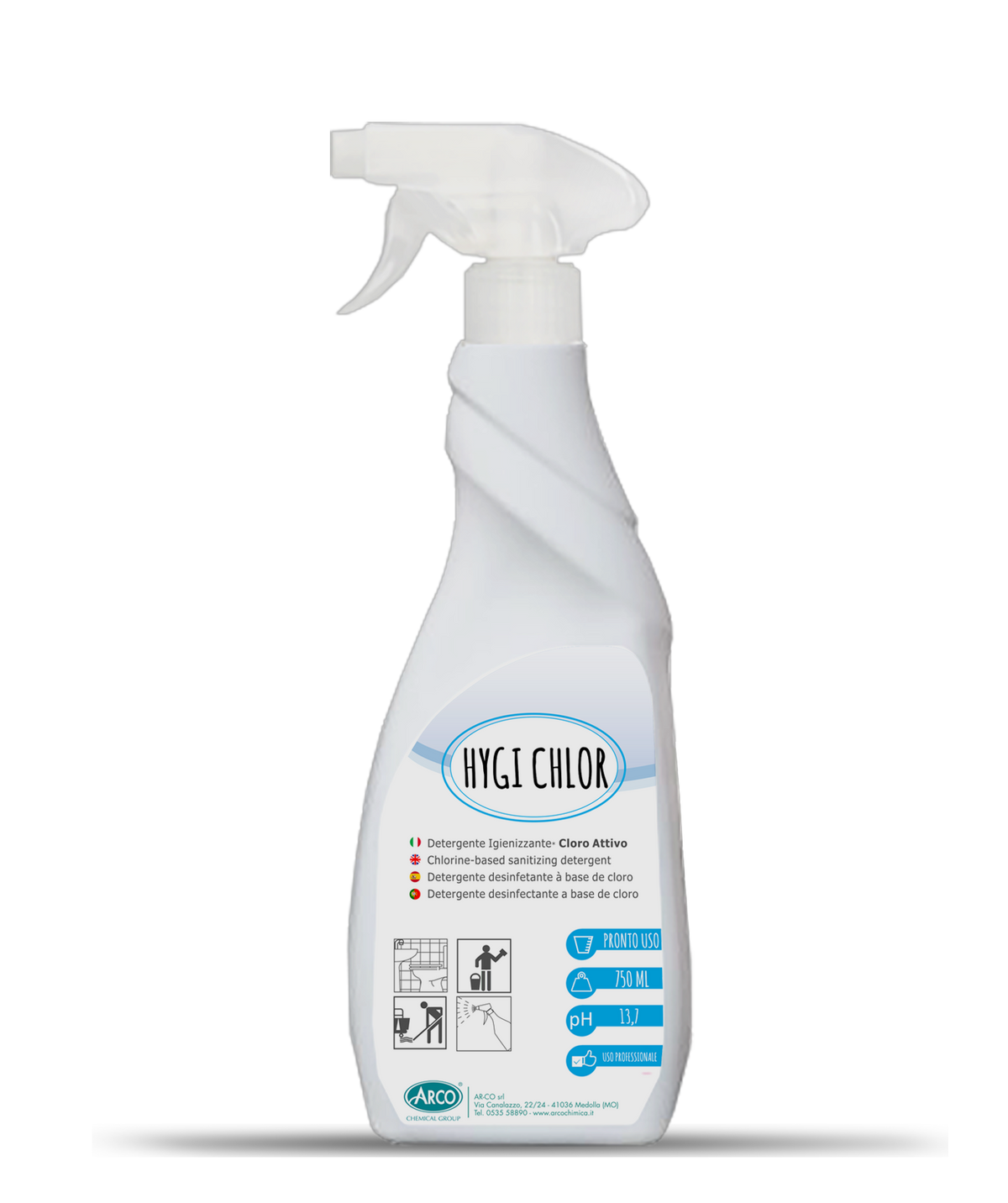 Detergente igienizzante a base di cloro pronto all'uso Arco Chimica Hygi Chlor 750 ml