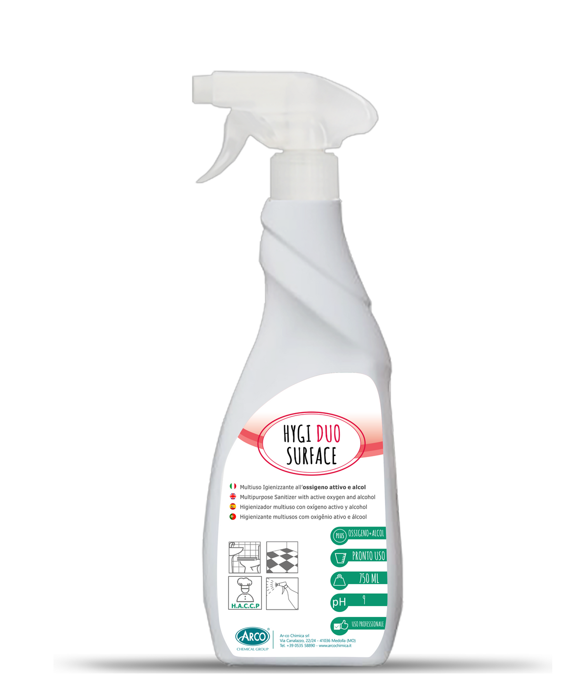 Detergente igienizzante a base di ossigeno attivo e alcol pronto all'uso Arco Chimica Hygi Duo Surface 12x750 ml