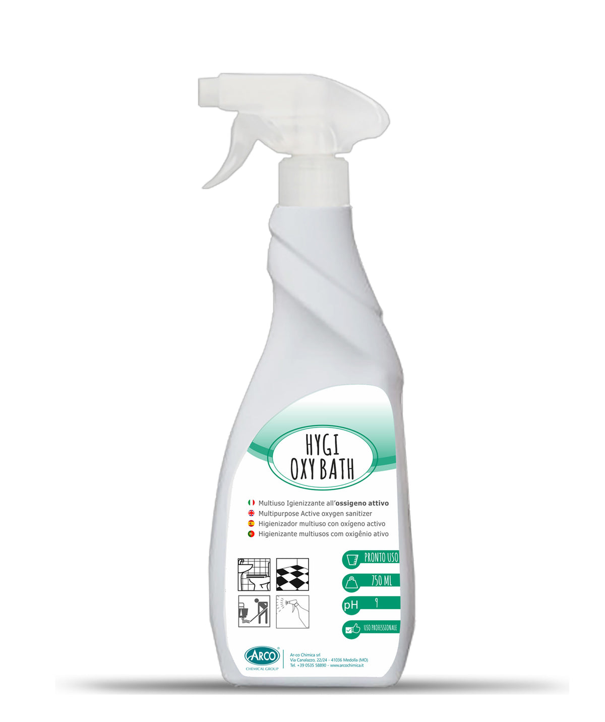Detergente igienizzante per bagno a base di ossigeno attivo pronto all'uso Arco Chimica Hygy Oxy Bath 750 ml