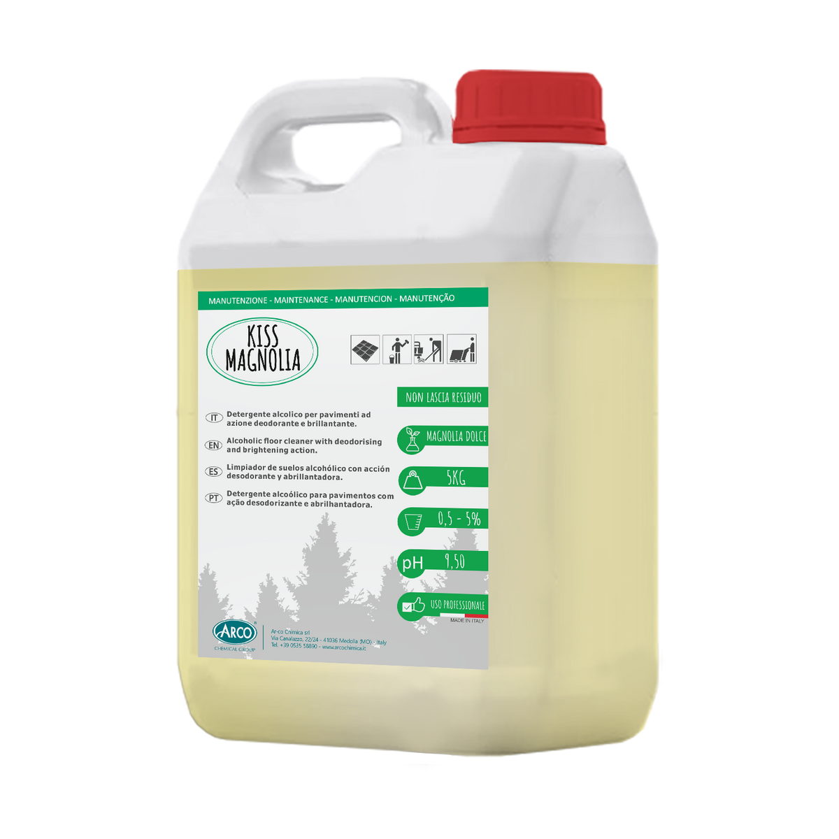 Detergente alcolico brillantante profumato per pavimenti Arco Chimica Kiss Magnolia 5 kg