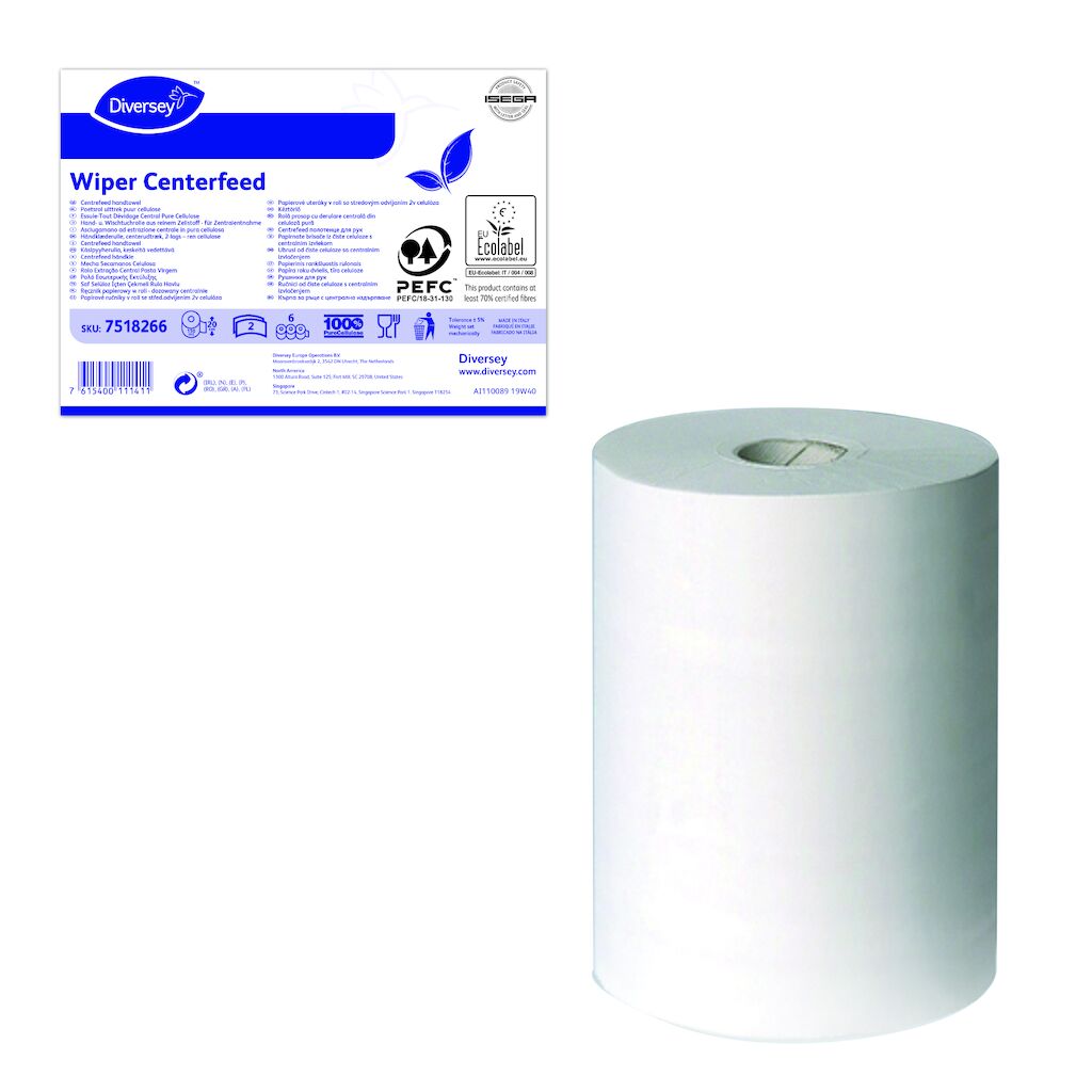 Bobina a svolgimento verticale Diversey Wiper Centerfeed 150 mt 150,48 m Bianco 6 pezzi