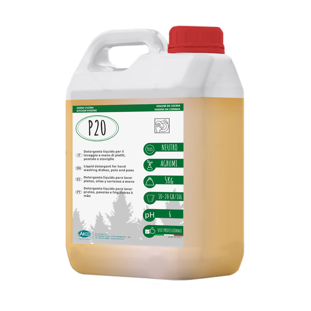 Detergente neutro schiumogeno per piatti a mano Arco Chimica P20 4x5 kg