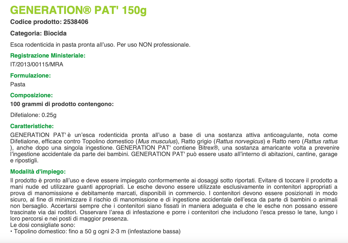 Esca rodenticida per topi e ratti Copyr Generation Pat 150 gr