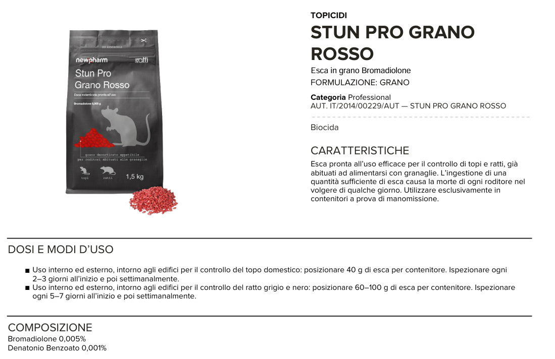 Esca rodenticida derattizzante per topi e ratti Newpharm Stun Pro Grano 1,5 kg