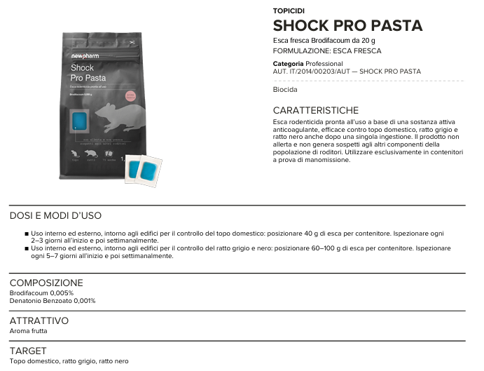 Esca rodenticida derattizzante per topi e ratti Shock Pro Pasta 1,5 kg