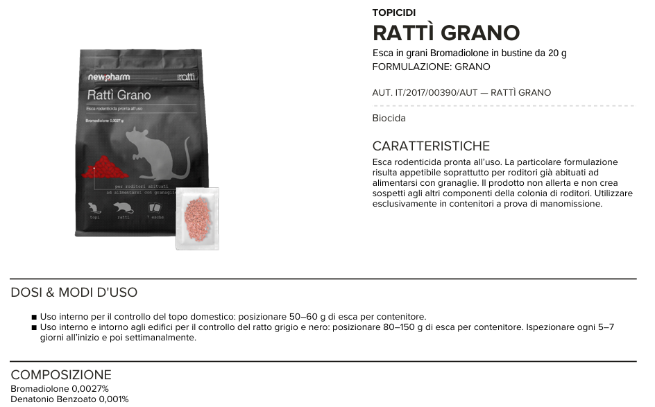 Esca rodenticida derattizzante per topi e ratti Rattì Grano 140 gr