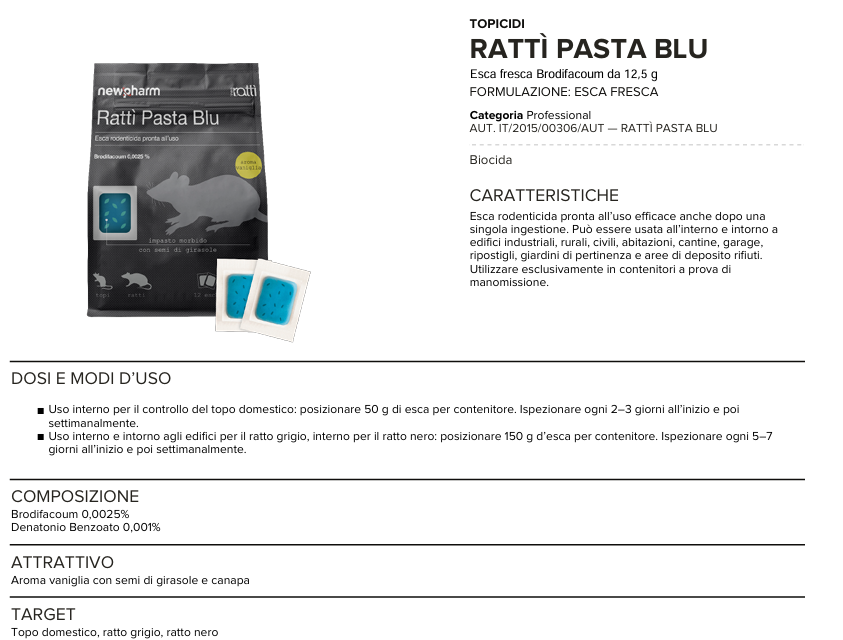 Rodenticide pest control bait for mice and rats Ratti Pasta Blu 150 gr