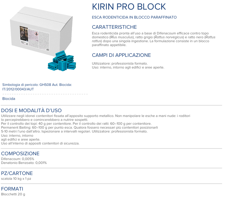 Rodenticide pest control bait for mice and rats Kirin Pro Block 10 kg