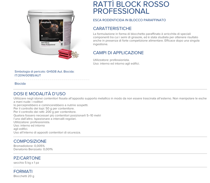 Esca rodenticida derattizzante per topi e ratti Rattì Block Rosso 5 kg  DISPONIBILE DAL 25/05/2026