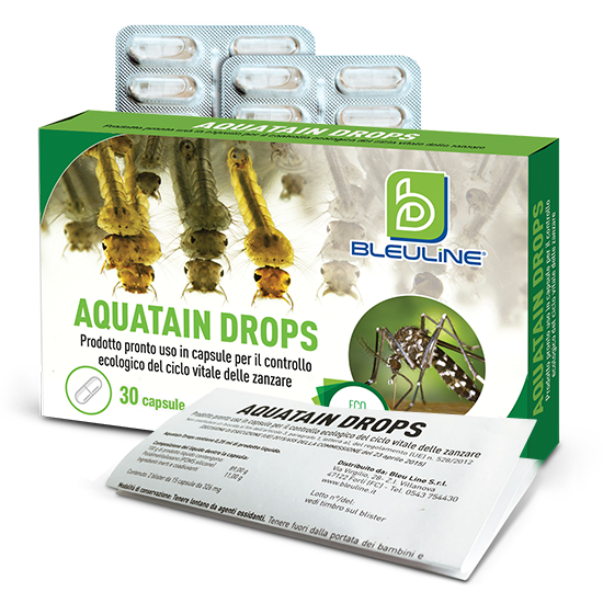 Larvicida ecologico in capsule per zanzare Bleu Line Aquatain Drops astuccio da 15 capsule