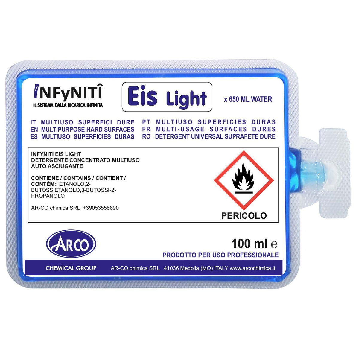Pulitore multiuso autoasciugante in monodose superconcentrata Arco Chimica Infyniti Eis Light confezione 60 monodosi da 100 ml