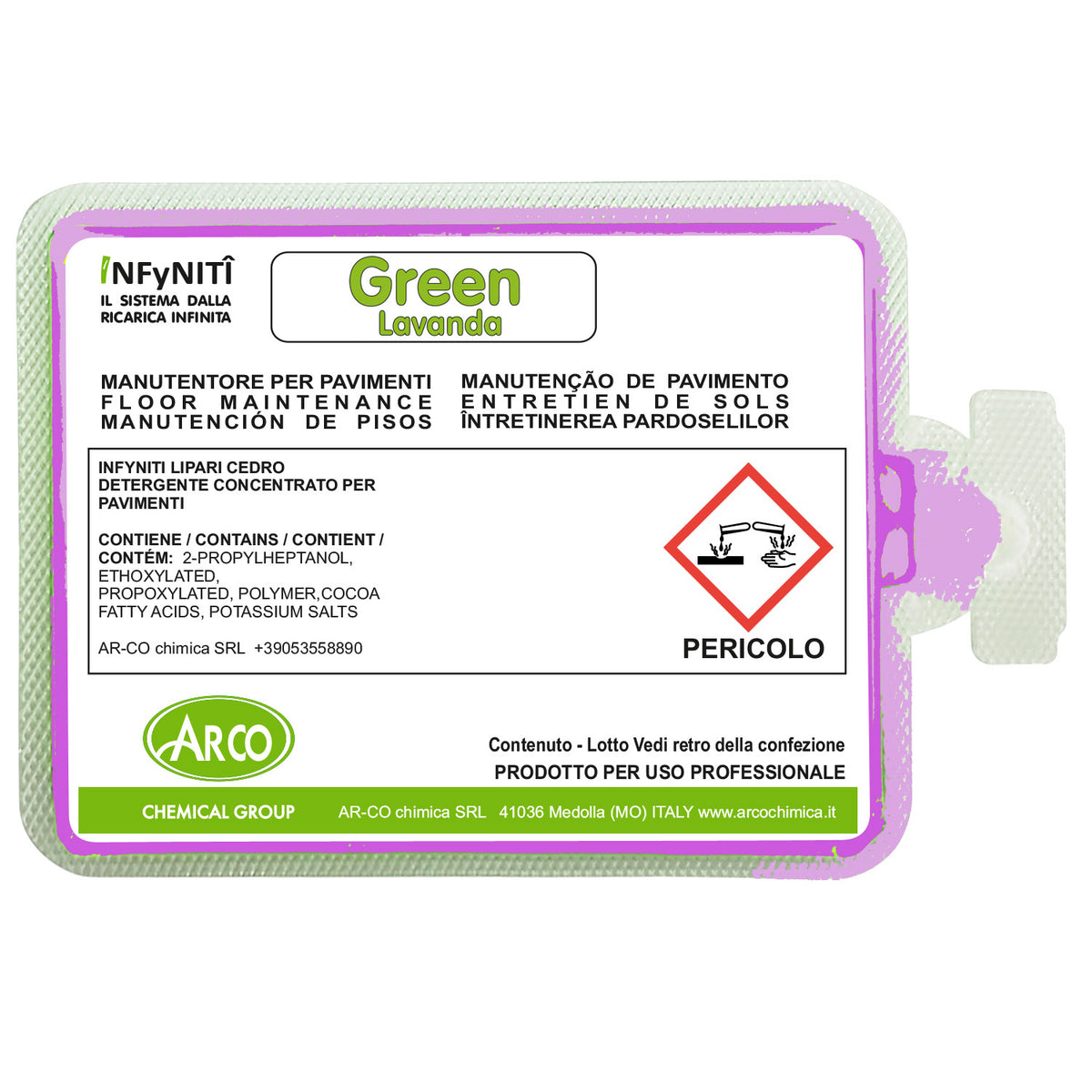Detergente brillantante profumato in monodose superconcentrata Arco Chimica Infyniti Green Lavanda confezione 60 monodosi da 100 ml