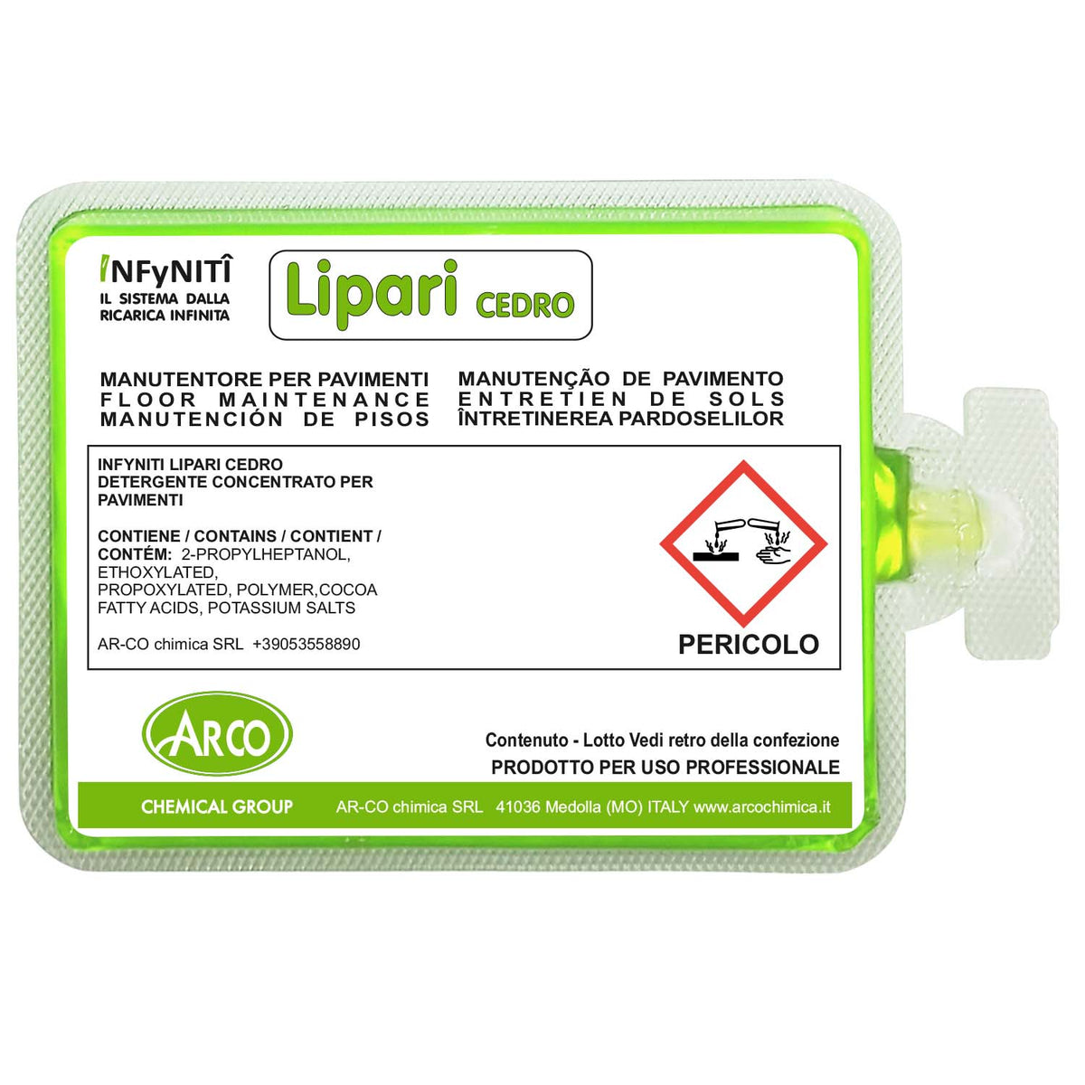 Detergente manutentore profumato al cedro in monodose superconcentrata Arco Chimica Infyniti Lipari Cedro confezione 60 monodosi da 100 ml