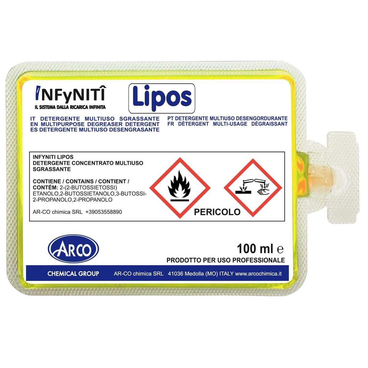 Sgrassante rapido autoasciugante in monodose superconcentrata Arco Chimica Infyniti Lipos confezione 60 monodosi da 100 ml